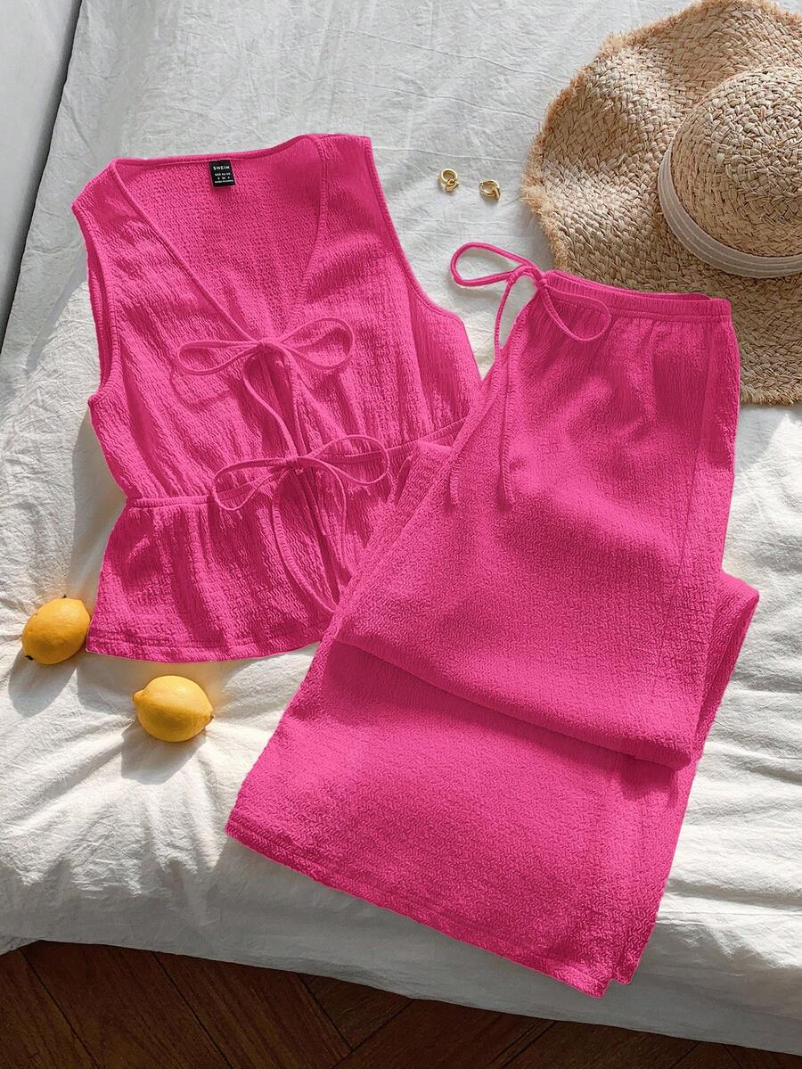 Comfortcana Women's Fuchsia Knitted Textured Front Tie Top And Pants Casual Suit - Hot Pink - View 1