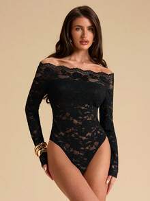 SHEIN BAE 1pc Women's Sexy Off-Shoulder Lace Long Sleeve Bodysuit, Tight-Fitting Lace Sheer Bodysuit, Ladies Top, Off-Shoulder Lace Bodysuit - Black - View 1