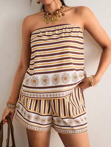 Freevana Bộ đồ cỡ lớn kiểu Bohemian gồm áo quây kẻ sọc nâu và quần short ống rộng, trang phục mùa hè thoải mái theo phong cách cổ điển dành cho nữ. - màu nâu - Xem 6