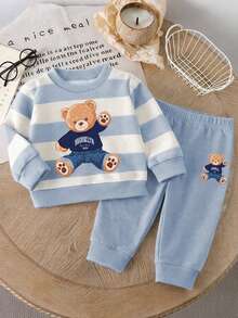 SHEIN Playful Pals 2pcs/Set Toddler Boys' Blue White Stripe Collegiate Sweatshirt Set Cute Bear Design Crew Neck Long Sleeve Sweatpants For Autumn Family Matching Gift - Multicolor - View 4