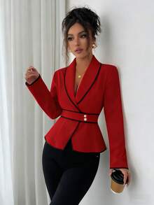 Rafferiza Kemeja Wanita Lengan Panjang Pas Badan dengan Kerah Syal dan Trim Kontras, Cocok untuk Kerja dan Perjalanan, Musim Semi/Gugur - Merah - View 5