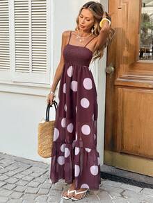 SHEIN Holidaya Women's Olive Green Polka Dot Print Elegant Dress With Spaghetti Straps - Brown - View 5