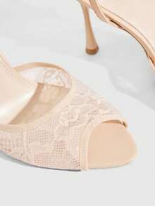CUCCOO SZL 女士方头细跟杏色蕾丝网眼踝带性感时尚裙装宴会派对女士高跟露趾凉鞋 - 杏色 - 查看 5