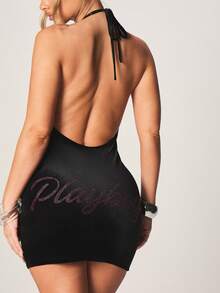 Missguided x Playboy 女士露背吊带迷你连衣裙，饰有水钻字母细节，适合派对晚宴等场合 - 黑色 - 查看 1