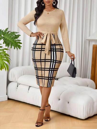 SHEIN Lady Women's Round Neck Long Sleeve Plaid Patchwork Fitted Elegant Mini Dress Women's Houndstooth Print V-Neck Fitted Elegant Long Sleeve Dress Spring To Summer Resort Wear Women Beach Dresses Vacation Dress Holiday Beach Black Skirt Summer Summer Clothes Summer Dress Spring Outfit Spring Spring Dress Elegant Dresses For Women Wedding Guest Dress Bridesmaid Dress Wedding Casual Dresses For Women