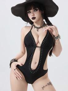 ROMWE Goth 26SS 哥特朋克前卫性感连体泳衣，街头酷炫铆钉装饰，精致十字架金属吊坠，蝴蝶结装饰，可调节抽绳，性感侧边镂空，黑色，优雅浪漫，性感尤物，适合海滩、海岛度假、假期、派对、日常穿着 - 黑色 - 查看 6