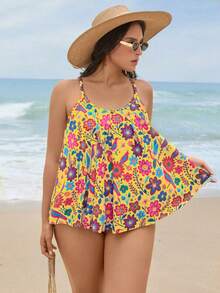 Swim Lushoire 2026 Set Baju Renang Tankini Wanita Ukuran Plus Terbaru, Baju Renang Dua Potong Motif Cetak Pinggang Tinggi dengan Hiasan Ruffle - Kuning - View 5