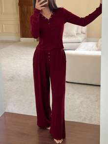 DAZY Comfortable Knit Partial Button Fitted Top And Loose Pants Women Sleepwear Lounge Set, Fall Winter Clothes, Cozy Outfit - Red - View 6