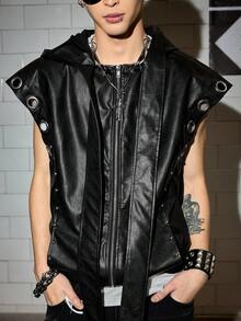 ROMWE MEN Goth Men's PU Leather Hooded Zipper Jacket With Eyelets, Fashionable And Versatile For Daily Wear - Black - View 5