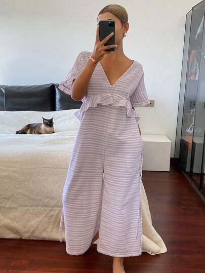 DAZY Striped Pattern Frill Trim Loose V-Neck Short Sleeve Jumpsuit
