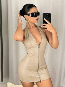 SHEIN ICON 深V领露背拉链修身迷你PU连衣裙 - 杏色 - 查看 3