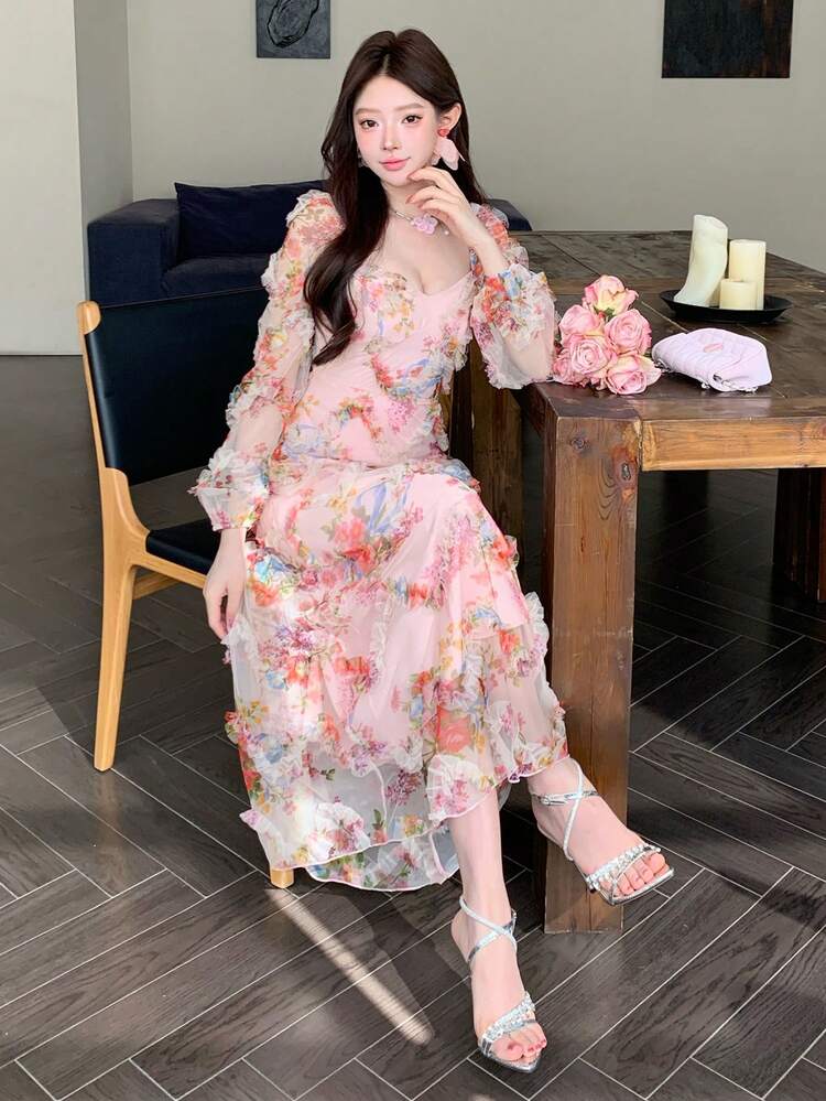 Spring & Summer Pink Ditsy Floral Organza Lace Dress, Elegant For Valentine's Day, Wedding, Party, Formal Occasion, Fashion, Slim Fit, Flared Skirt, Vacation, Sweet, Long Sleeve Midi Dress For Women Boho