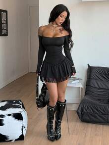 Coolane Women's Spring Streetwear Y2K Casual Date Night Elegant Lace Patchwork Stretchy Off The Shoulder Mini Dress - Black - View 6