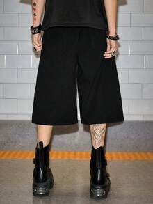 ROMWE MEN Grunge Punk Men's Solid Color Asymmetrical Eyelet Denim Shorts - Black - View 3