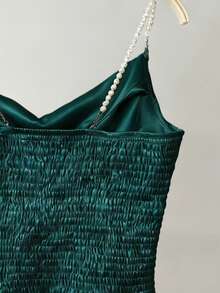 Franclia Áo hai dây nữ thanh lịch, đa năng, đính ngọc trai, chất liệu satin bóng, dáng bất đối xứng, thích hợp cho mùa xuân/thu. - Màu xanh lá cây đậm - Xem 3