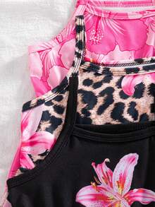 SHEIN Elladie kids 3件套女童夏季新款2025印花纯色连体短裤，简约时尚度假风连体裤 - 彩色 - 查看 7