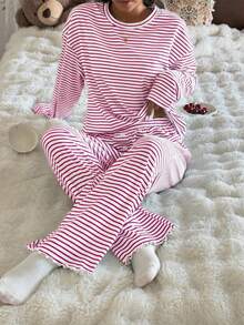 SHEIN Women's Casual Striped Print Loose Fit Round Neck Long Sleeve Pajama Set - Multicolor - View 7