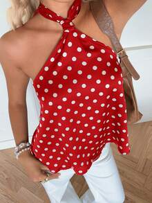 SHEIN EZwear Áo kiểu nữ thời trang Y2K cổ yếm chấm bi - Đỏ - Xem 4