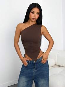 SHEIN PETITE 女士度假休闲三件套不对称下摆不对称肩部上衣，夏季两件套，适合返校、下午茶、休闲、海滩婚礼宾客、毕业早午餐、圣帕特里克节、春假、复活节、音乐节等场合，优雅波西米亚热带风情，棕色、黑色、杏色 - 彩色 - 查看 4