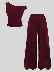 SHEIN Bộ áo thun và quần dài phối hợp họa tiết hoa hồng cho bé gái tuổi teen, màu trơn, màu đỏ tía, đỏ Angola. - Màu Đỏ Sâu - Xem 5