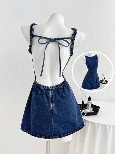Elamini Sexy Open Back Bow Tie Washed Denim Dress