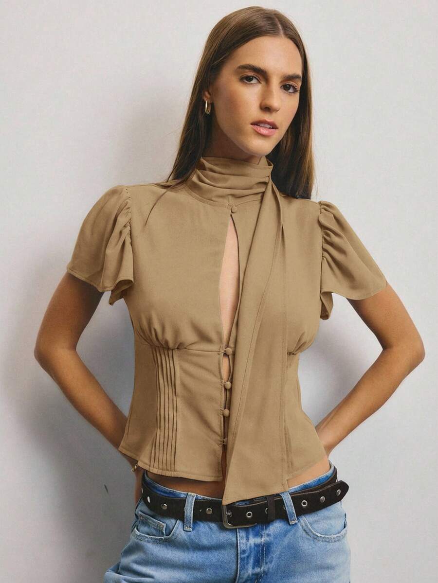 Aralina Women's Solid Color Minimalist Short Sleeve Shirt, Casual Everyday Wear - Mocha Brown - View 1