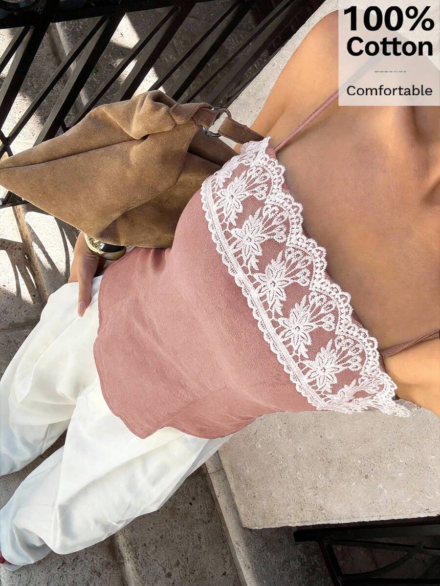 Siren Gaze Áo hai dây nữ mùa xuân/hè 2025 thiết kế mới viền ren, áo hai dây ngắn tối giản độc đáo. - Bụi hồng - Xem 1