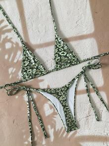 Swim SXY Conjunto de bikini de 2 piezas con textura de piel de serpiente, parte superior de triángulo con cuello de halter y Bottom atada a los lados, traje de baño sexy, primavera/verano - Verde militar - Ver 8