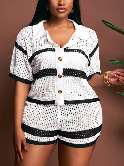 Slaydiva Spring/Summer New Arrival Vacation Casual & Daily Wear & Cruise & Hotel Resort & Beach & Street & Campus Style Black & White Striped Contrast Color Loose Shirt-Style Short Sleeve Crochet Top And Fitted Short Crochet Shorts Women Plus Size Knit 2-Piece Set