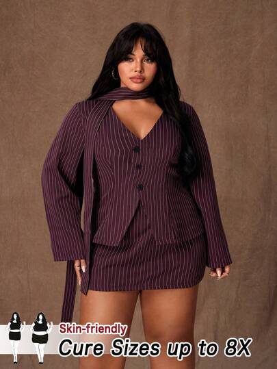 SHEIN CURVE+ 大码女式休闲复古酒红色条纹长袖上衣+中长裙两件套