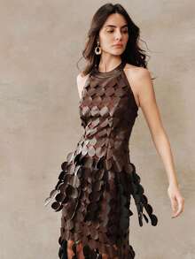 Anewsta New Elegant Women's Halter Burnout Polka Dot Sexy Backless Hollow Out Tassel Sleeveless Blouse Top, Spring/Summer - Brown - View 2