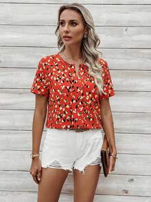 SHEIN LUNE Áo sơ mi nữ tay ngắn cổ chữ V in họa tiết toàn thân, kiểu dáng thường ngày, thích hợp mặc mùa hè, áo kiểu tay ngắn. - Đỏ - Xem 7