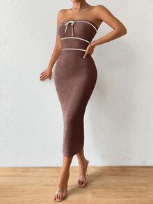 Pariaura Women's Autumn/Winter Strapless Knit Sexy Dress, High-Quality Vacation Style Long Dress - Coffee Brown - View 8