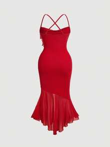SHEIN MOD 大碼女士交叉背部魚尾搖擺針織背心裙 - 紅色 - 查看 2
