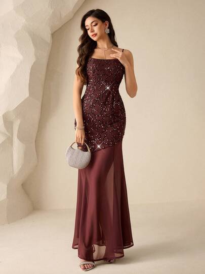 Coutiva Women's High-End Banquet Dress With Shiny Sequins, Elegant Luxury Party Gown