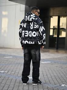 Devon Thys 男士长袖字母图案贴布细节连帽羽绒服，适合秋冬季穿着 - 黑色 - 查看 6