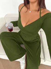 Sunnyshic Frilya 大码女士纯色露肩褶皱阔腿休闲连体裤 - 軍綠色 - 查看 3