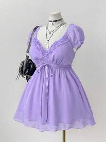 Sunspun 大码纯色荷叶边短袖衬衫 - 紫色 - 查看 5