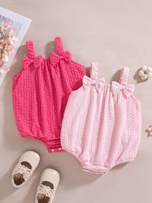 SHEIN Playful Pals 2pcs/Set Baby Girls' Casual Elegant Cute 3D Floral Embroidered Strap Romper, Spring/Summer - Pink - View 8