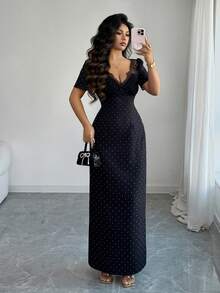 SHEIN Elenzya Urban Chic 新款女士黑色波点V领蕾丝装饰收腰中长连衣裙，适合日常穿着、婚礼、晚宴、通勤、毕业派对、节日、约会、聚会、万圣节、圣诞节、新年、感恩节等场合。 - 黑色 - 查看 6