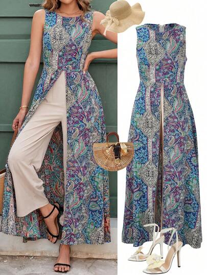Ellevyn Women's Elegant Vacation Printed Wrap-Style Round Neck Jumpsuit