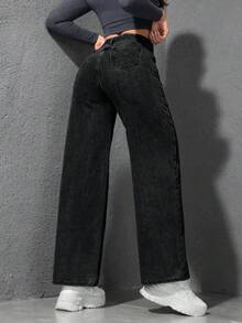 SHEIN PETITE 女士休闲日常通勤时尚做旧宽松阔腿牛仔裤 - 黑色 - 查看 2