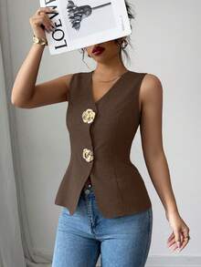 Rafferiza 女士V领修身金色玫瑰纽扣装饰吊带背心 - 棕色 - 查看 5