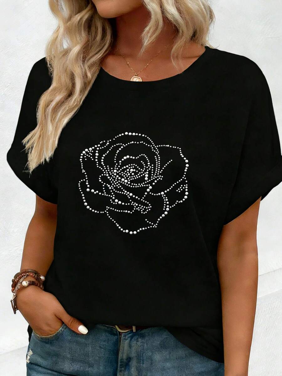 EMERY ROSE Women's Loose Fit Black T-Shirt With 3D Pearl Embellishment - Black - View 1