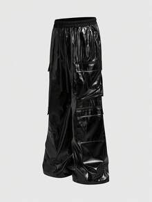 ROMWE MEN Street Life Men's Drawstring Waist Cargo Pocket Wide Leg Loose Shiny Sweatpants - Black - View 10