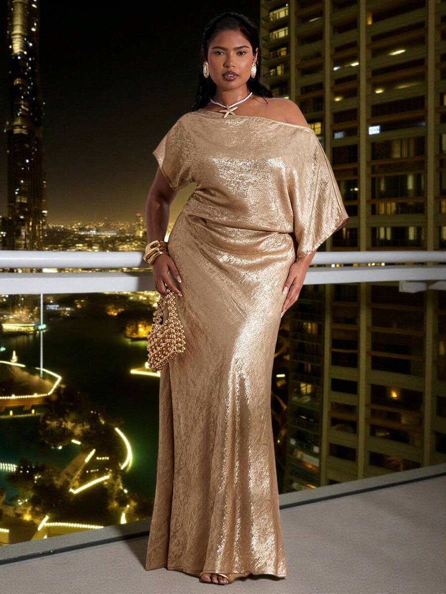 SHEIN BAE 大码女士奢华优雅金色弹力美人鱼长裙 - 金色 - 查看 1