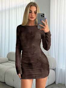 Aloruh 女士纯色圆领长袖褶皱印花修身迷你连衣裙，秋冬款 - 棕色 - 查看 6