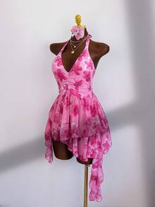 Zestiva-D 女士夏季粉色玫瑰印花露背深V连体泳衣，搭配多层不对称雪纺裙摆，甜美度假风，海滩泳池氛围，修身泳装 - 彩色 - 查看 3