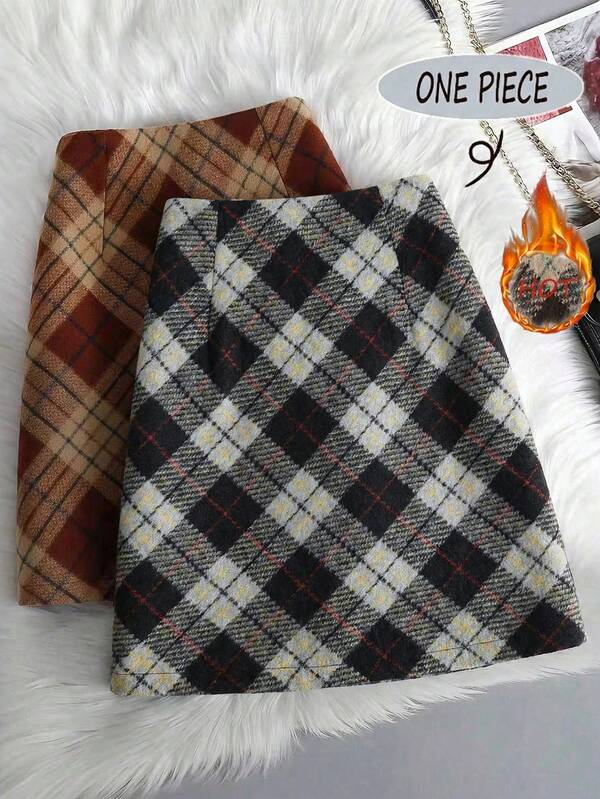 Franclia Women's Plaid Woolen A-Line High Waist Slim Fit Vintage Thick Checkered Mini Skirt, Autumn/Winter