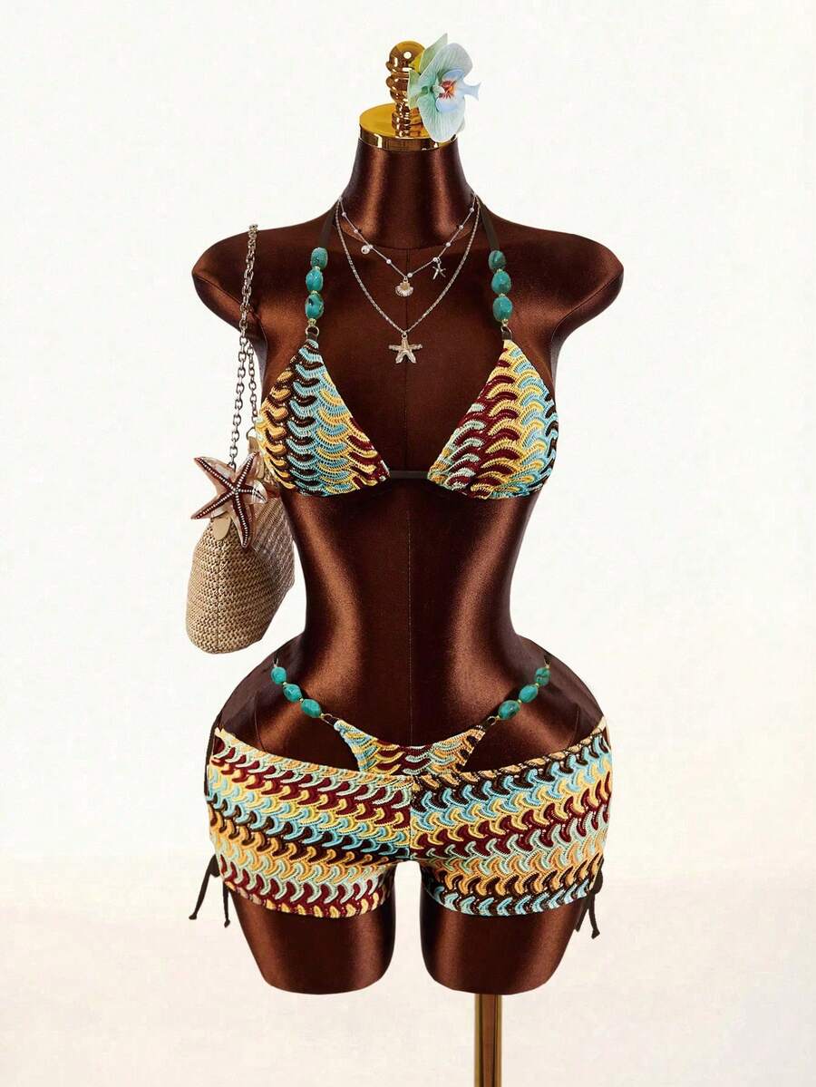 Amplova 女士波西米亚风钩针比基尼套装，绿松石色串珠肩带度假沙滩泳池派对泳衣两件套，性感三角文胸和短裤